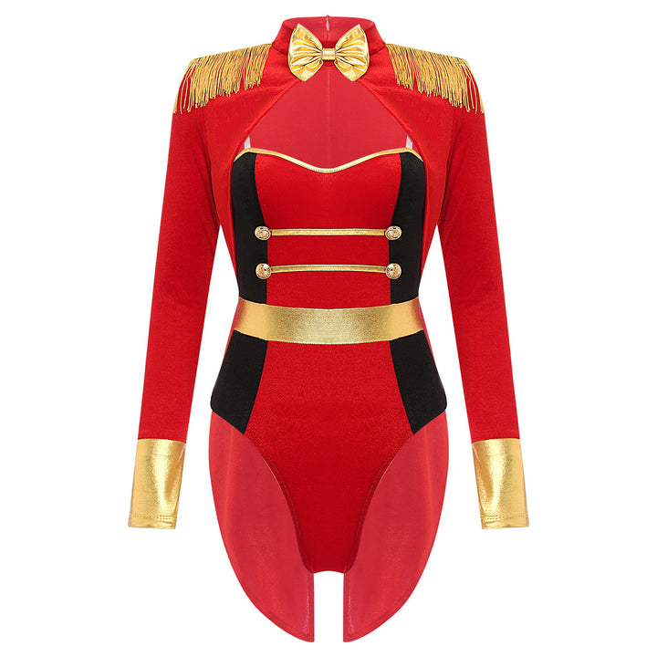 Womens Circus Ringmaster Costume Jumpsuit Halloween Carnival Party Long Sleeve Tailcoat Velvet Fringed Sexy Cosplay Bodysuit