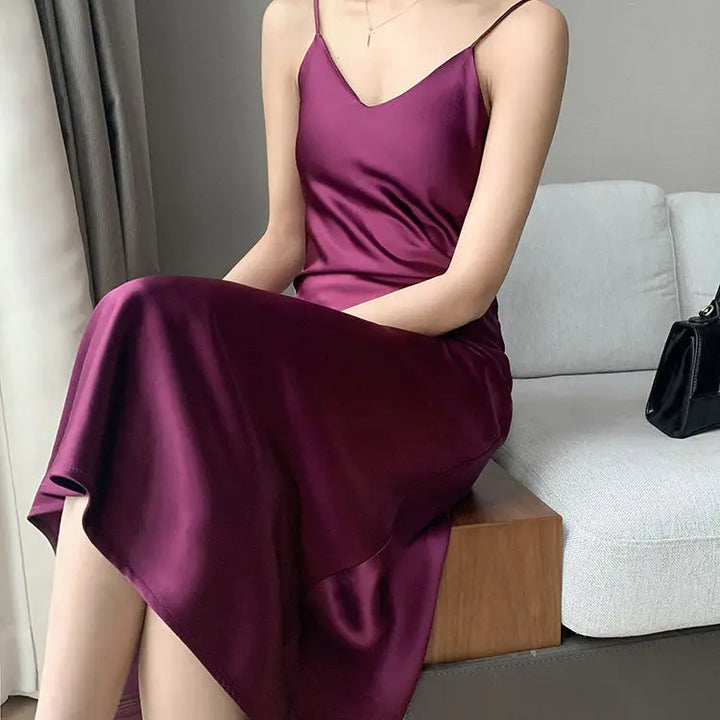 2022 Elegant Women Dress Summer Sexy V-Neck Korean Satin Party Long Spaghetti Strap Dresses Casual Sundress Vestido Mujer