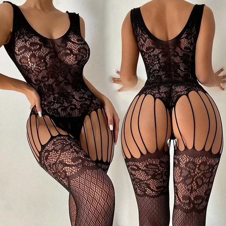 Erotic Crotchless Lingerie Women Floral Mesh Hollow Bra Sets Teddy Baby Doll Dress Sexy Full Bodystockings Porn Underwear Set