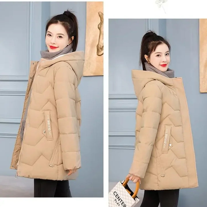 Winter Fashion Women Mid Length Down Cotton Jacket Korean Loose Thick Warm Padded Coat Female Hooded Parkas Outerwear Winter