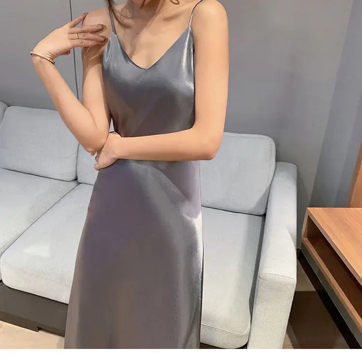 2022 Elegant Women Dress Summer Sexy V-Neck Korean Satin Party Long Spaghetti Strap Dresses Casual Sundress Vestido Mujer