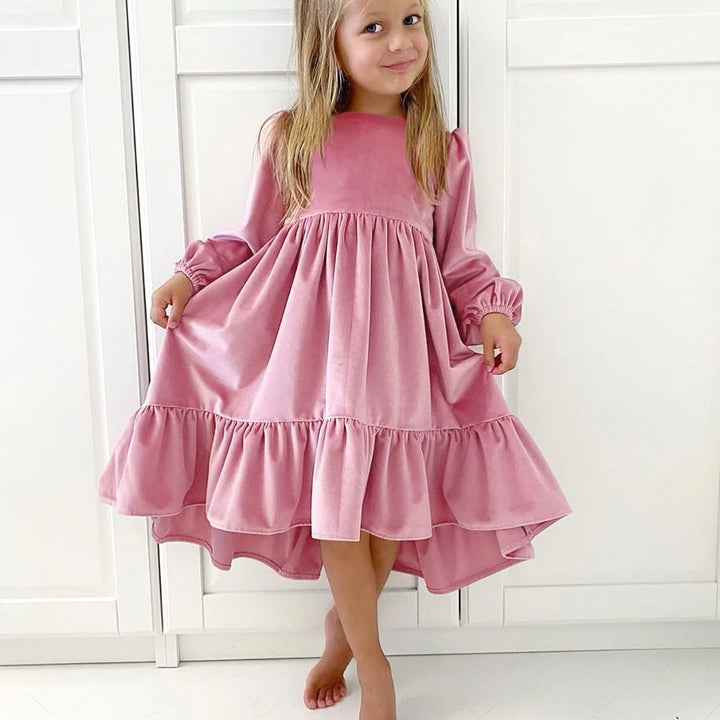 Spring AutumnGirls Dress Ruffles Long Sleeve Girl Velvet Retro Kids Party Dress Girl Princess Dress Children Clothing 6-12Y