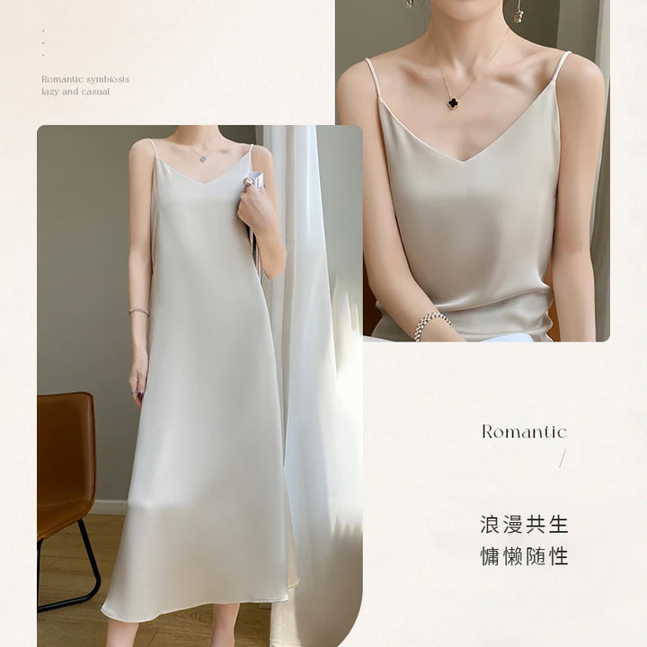 Summer Halter Dress Female Silk Silk Silk High Grade Satin Solid Color Long A-Line Skirt Waist Show Thin Cover Meat RW D13