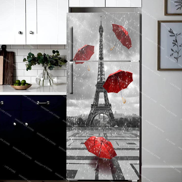 INS Red Umbrella Big Ben Fridge Door Wrap Mural Waterproof PVC Refrigerator Door Art Poster Wallpaper Removable Fridge Decal