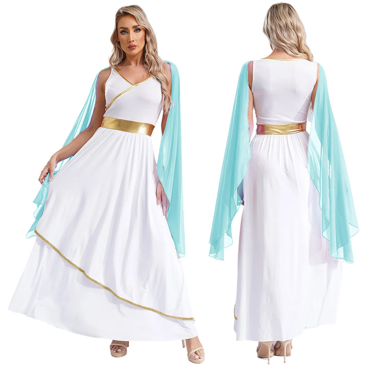 Womens Ancient Greek Toga Goddesses Costumes Party Halloween V Neck Sleeveless Gold Trims Toga Greece Roman Queen Cosplay Dress