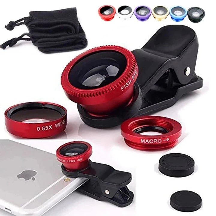 3-in-1 Fisheye Wide Angle Micro Camera Lens for iPhone Xiaomi Redmi 3IN1 Zoom Fish Eye Len on Smartphone Lenses with Phone Clip