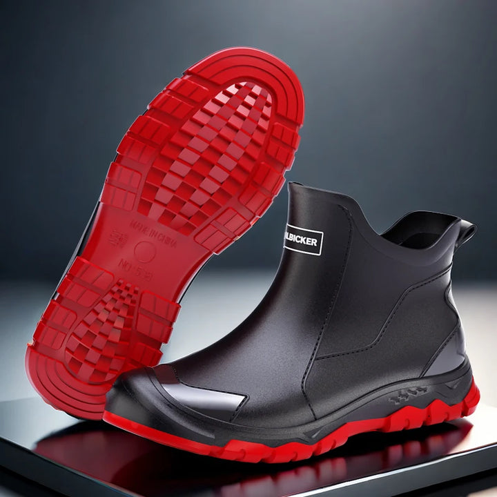 Fashion contrast color black red sole short rain boots men's outerwear versatile non-slip wading khaki rubber shoes