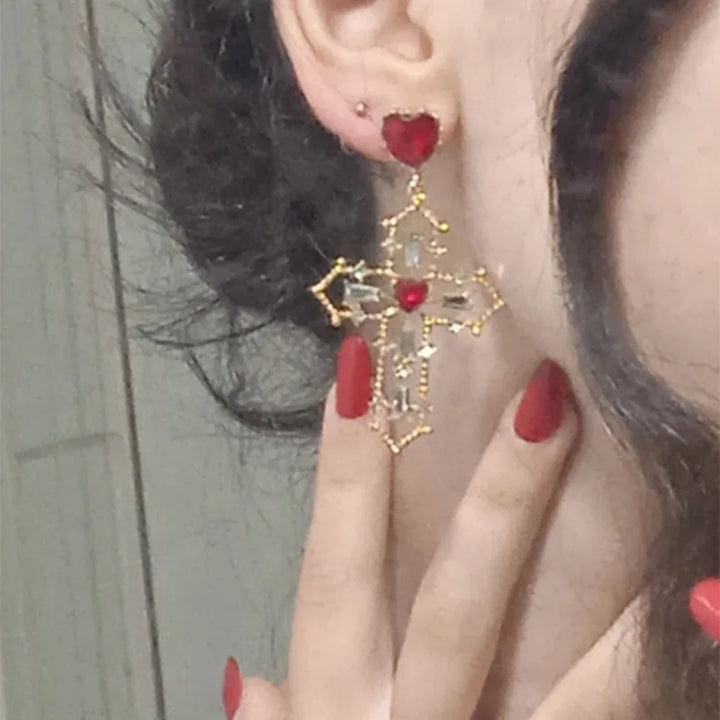 Gothic Pink Heart Cross Earrings Y2K Kpop Purple Zircon Cross Drop Earring for Women Grunge Egirl Earrings Jewelry Accessories