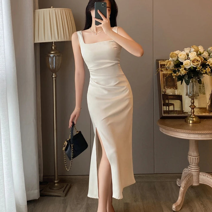 White Satin Sling Long Dress Women 2024 Summer French Elegant Square Collar High Waist Slim Fit Sexy Split Bodycon Evening Dress