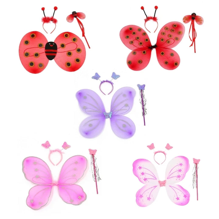 4Pcs/Set Kid Fairy Costume Set Ladybird Bee Glitter Cute Wing Striped Layered Tutu Skirt Wand Headband Dress Up Halloween Outfit