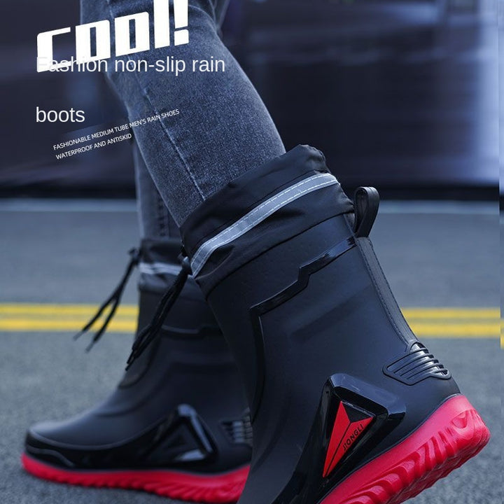 New ，Rain Boots Men's Waterproof Drawstring Rain ，Shoes Velvet Padded Suit， Warm Non-Slip Flat Fashion Take-out Rider Rain Boots