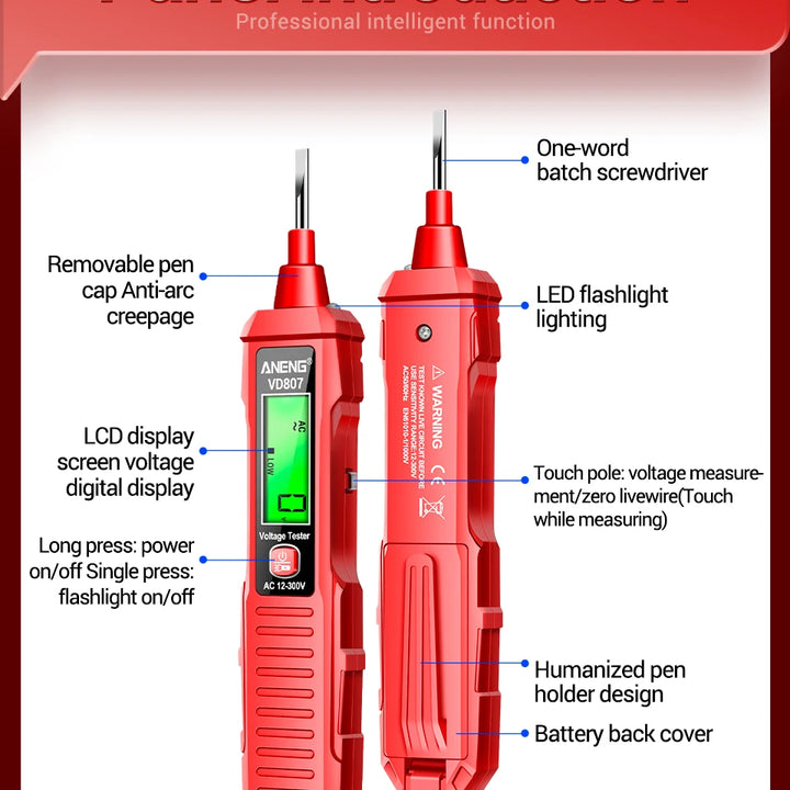 ANENG VD807 One-word Induction Portable 50/60Hz Smart Electric Pen Tester NCV Sensor AC 12-300V Non-contact Wire Detector Tools