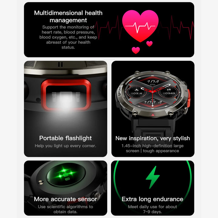 PENGAGAR Outdoor Smart Watch Men LED Light AMOLED HD Screen Sports Fitness Tracker Bluetooth Call Smartwatch 2024 New