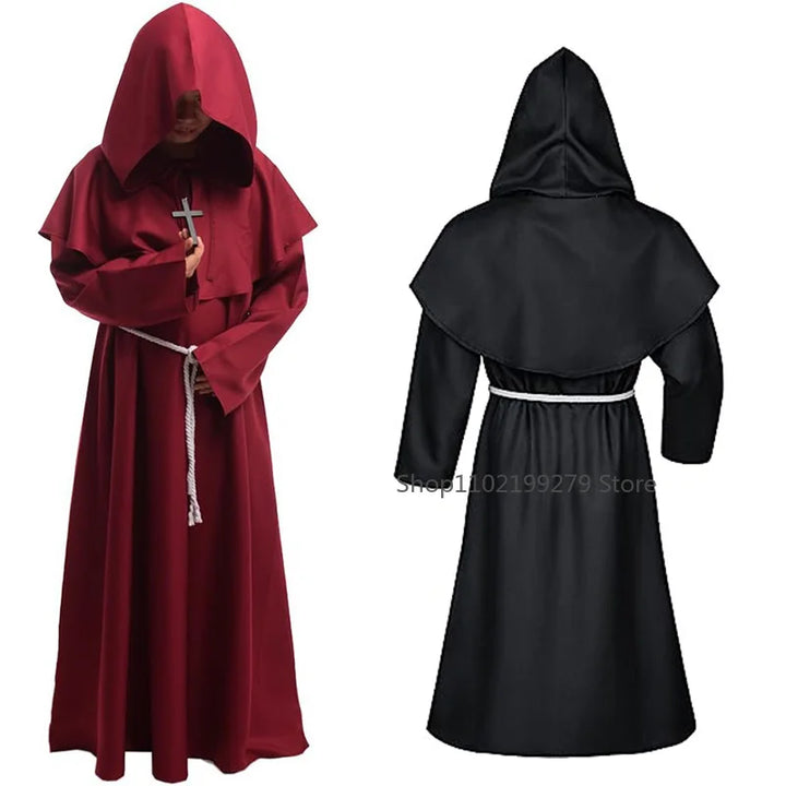 Halloween Wizard Costume Cosplay Medieval Hooded Robe Costume Monk Friar Robes Priest Costume Ancient Clothing Christian Suit