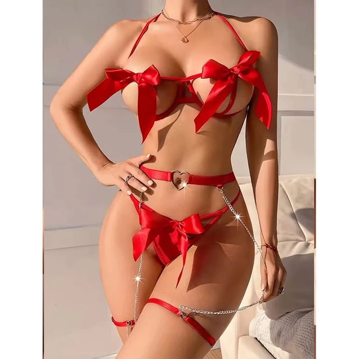 2024 Sexy Santa Bow Porn Red Underwear 3-Piece Hollow Perspective Bra Set Women Sexy Body Solid Thong And Sex Lingerie Ultra Hot