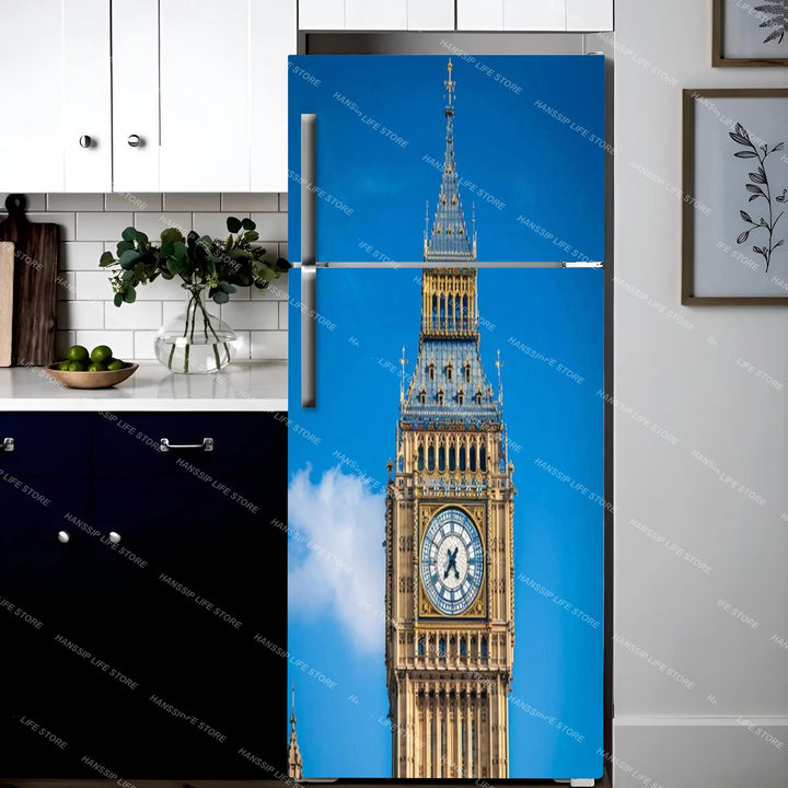 INS Red Umbrella Big Ben Fridge Door Wrap Mural Waterproof PVC Refrigerator Door Art Poster Wallpaper Removable Fridge Decal