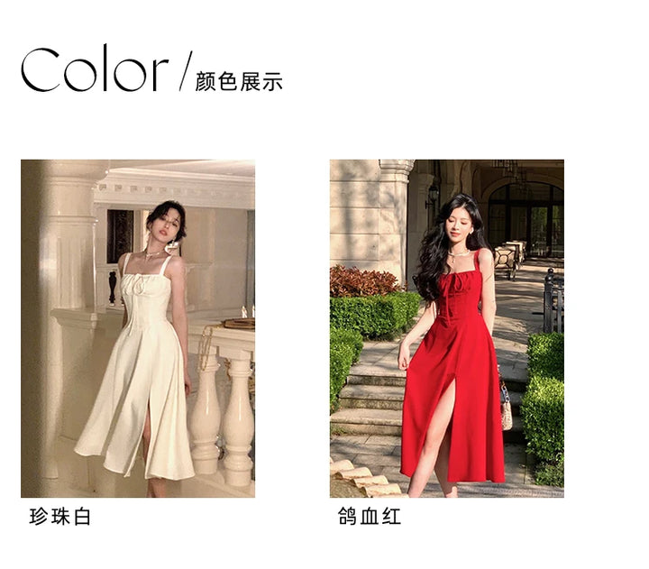 French Elegant White Strap Midi Dress 2023 Summer New Casual Evening Party Dress Women Beach Sleeveless Lace-up Red Dress Korean