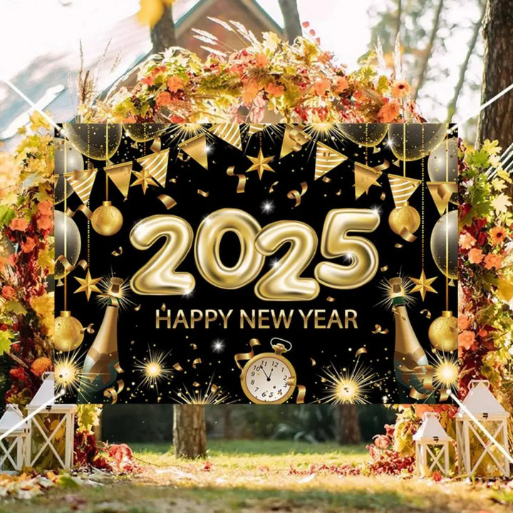 Happy New Year Banners 2025 6.88 X 4.92ft Black Gold New Years Eve Banner Happy New Year Decorations Holiday Wall Display For