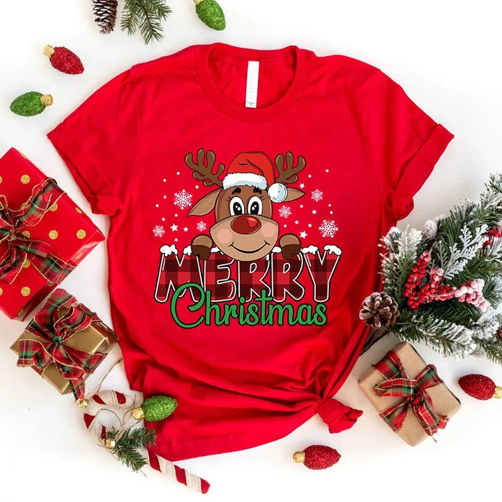 (Premium T-shirt)Cute Merry Christmas Print T-Shirts For Women Summer Lovely Short Sleeve Casual Round Neck T-Shirts Ladies tops