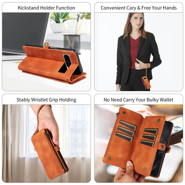 Luxury Handbag Zip Wallet Case for Google Pixel 8 Pro 8A 7 7A 6 6A 5 XL 5A 4 4A Leather Phone Bumper Magnetic Strap Flip Case