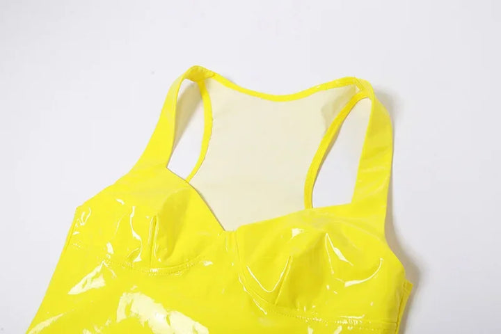 Sexy Womens Bodycon Yellow Mini Dresses Sleeveless Patent Leather Latex Tank Dresses Rave Party Night Club Costume