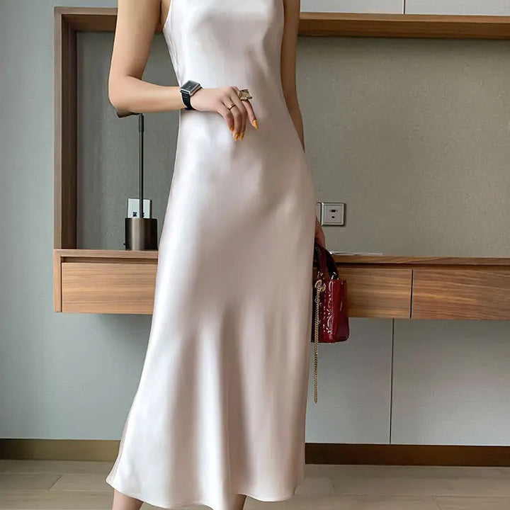 2022 Elegant Women Dress Summer Sexy V-Neck Korean Satin Party Long Spaghetti Strap Dresses Casual Sundress Vestido Mujer