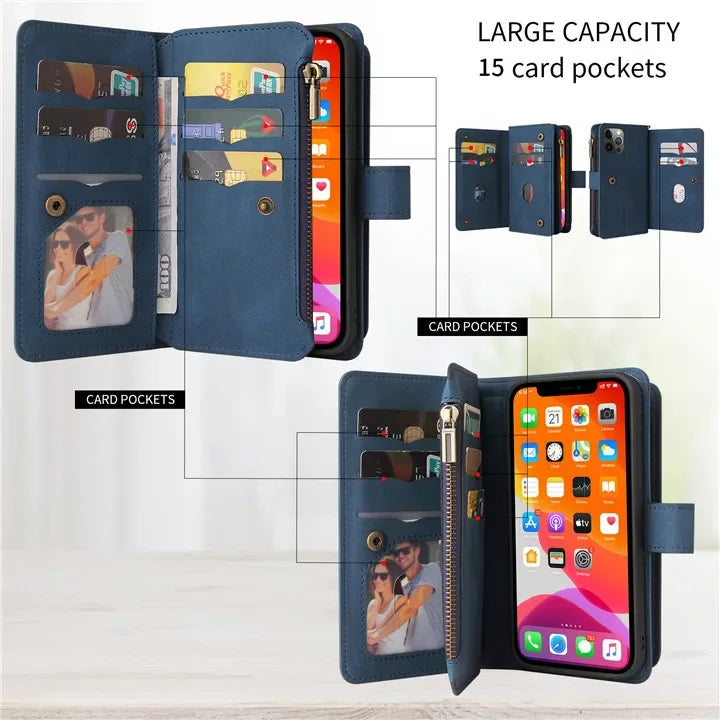 Multi 15-Card Flip Wallet Case For OPPO Realme 12 Pro Plus 11 11X 10 9 9i 8 Zipper Leather Lanyard Wrist Strap Cover Realme12