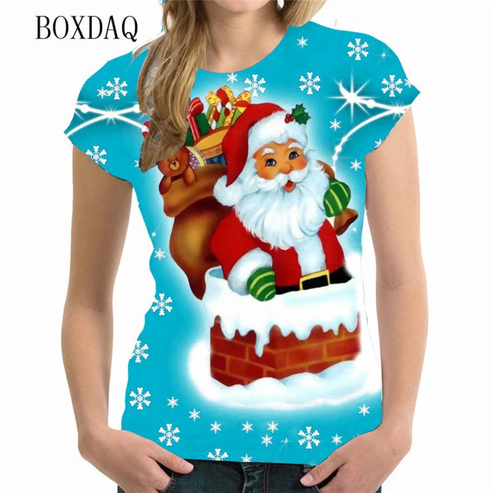 Short Sleeve Cartoon Santa Claus Women 3d T-shirts Street Hip Hop Cute Ladies Tee Christmas Style Loose Casual Tops Big Size 6XL