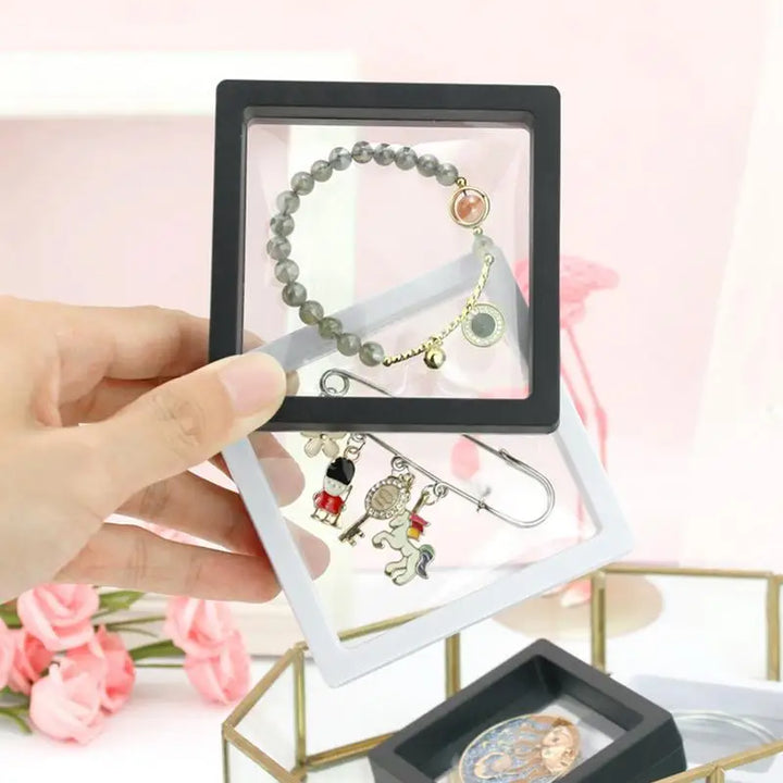 3D Floating Specimen Display Case Transparent PE Film Travel Jewelry Storage Box Organizer for Necklace Bracelet Ring Earrings