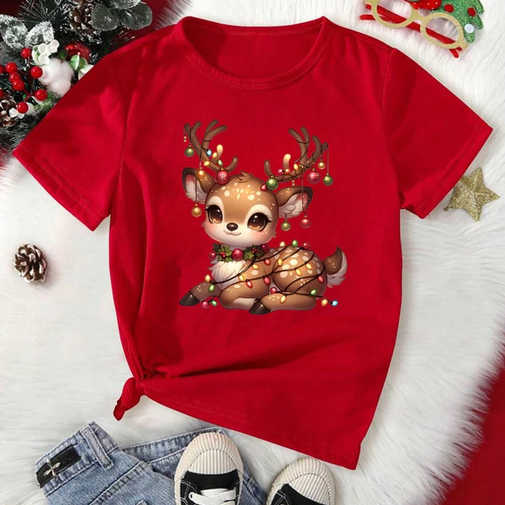 Cute Christmas Elk Printing Women T Shirt Cartoon Casual Short Sleeve O-Neck Women Red Tshirt Ladies Y2k T-shirt Female