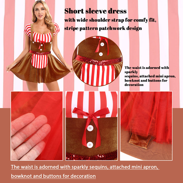 Womens Gingerbread Man Dress for Adult Christmas Halloween Costume Cookie Cosplay Dress for Carnival Party Dress Up Clothes