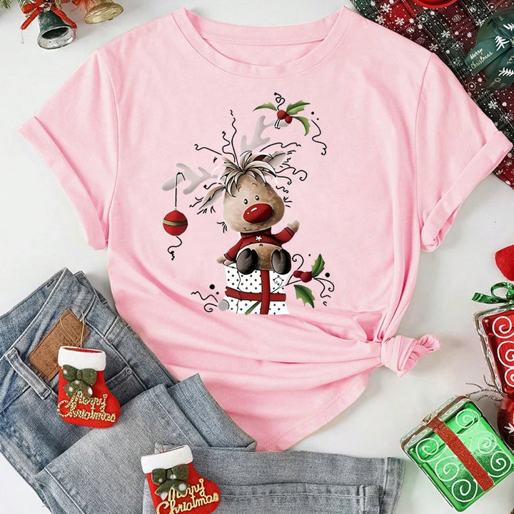 Women's Christmas Reindeer Print T Shirt Casual O-neck Short Sleeve T-Shirt Cute T-shirt Black Suitable All Seasons Tshirt Tops