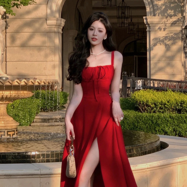 French Elegant White Strap Midi Dress 2023 Summer New Casual Evening Party Dress Women Beach Sleeveless Lace-up Red Dress Korean