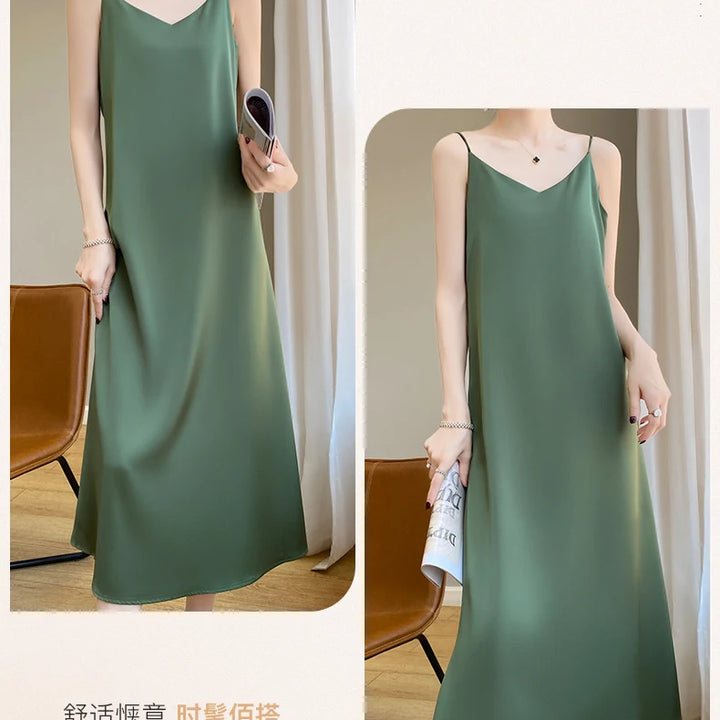 Summer Halter Dress Female Silk Silk Silk High Grade Satin Solid Color Long A-Line Skirt Waist Show Thin Cover Meat RW D13