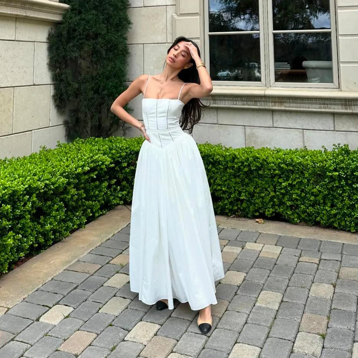 Mingmingxi Summer Elegant Dresses for Women 2024 New Arrivals White Long Party Dresses Hollow Out Flare Female Clothing