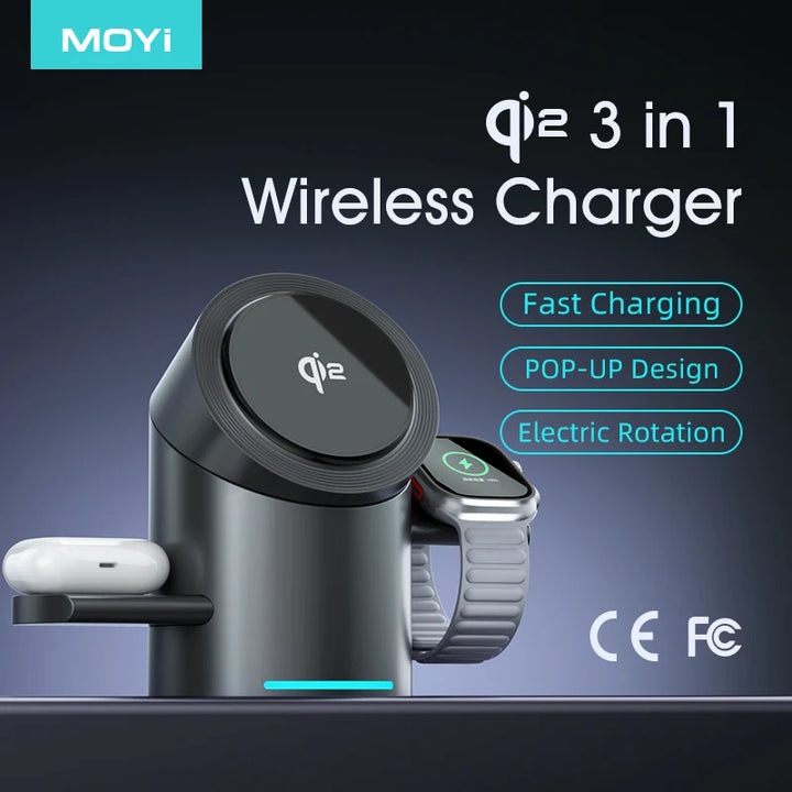 Qi2 3 in 1 Magnetic Wireless Charger Touch Roating for Iphone 16 15 14 Pro Max, Iwatch Earphone Fast Charging Base