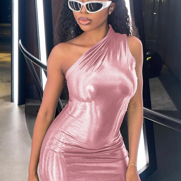 One Shoulder Metallic Mini Dress Night Club Black Bodycon Dress Sleeveless Tight Short Summer Dress Women 2023 Trendy