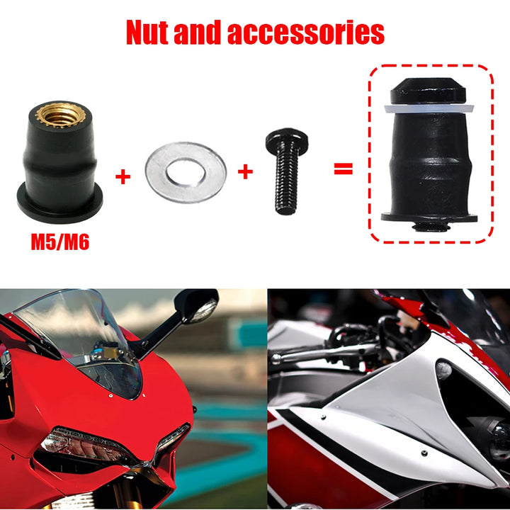 30PCS M5 M6 Motorcycle Windscreen Windshield Bolts Screws Metric Rubber Well Nut Fastener For Honda Suzuki Yamaha Kawasaki