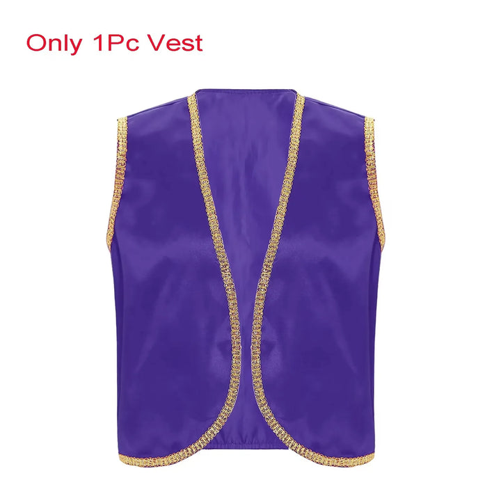 Mens Arab Prince Costume Persian Arabian Aladin Halloween Role Play Sleeveless Vest Waistcoat with Pant Suit Carnival Outfits