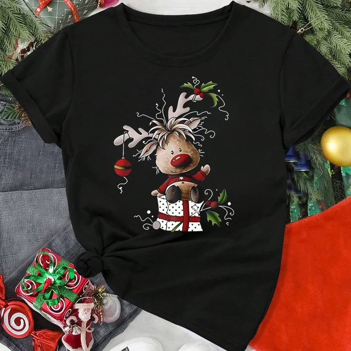 Women's Christmas Reindeer Print T Shirt Casual O-neck Short Sleeve T-Shirt Cute T-shirt Black Suitable All Seasons Tshirt Tops