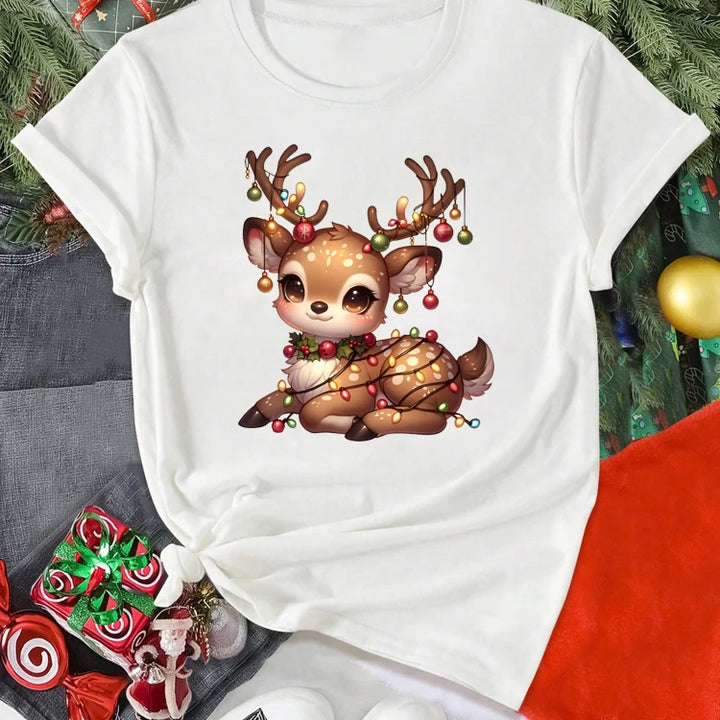 Cute Christmas Elk Printing Women T Shirt Cartoon Casual Short Sleeve O-Neck Women Red Tshirt Ladies Y2k T-shirt Female