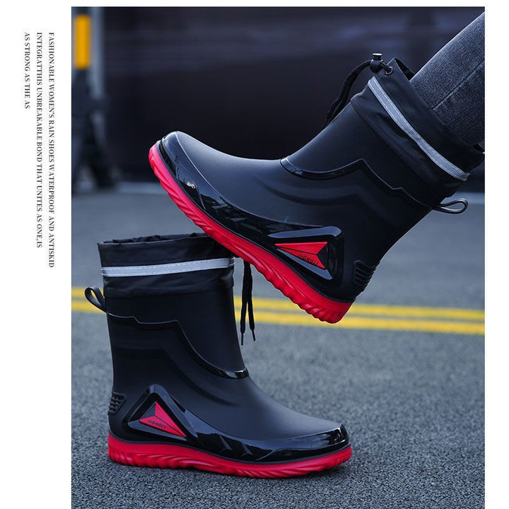 New ，Rain Boots Men's Waterproof Drawstring Rain ，Shoes Velvet Padded Suit， Warm Non-Slip Flat Fashion Take-out Rider Rain Boots