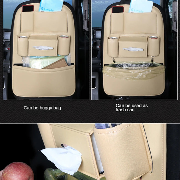 Leather Car Backseat Organizer Rear Row Children's Seat Back Hanging Storage Bag Shelf Garbage Can Trash Tissue Bottle Organiser