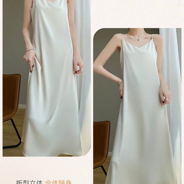 Summer Halter Dress Female Silk Silk Silk High Grade Satin Solid Color Long A-Line Skirt Waist Show Thin Cover Meat RW D13