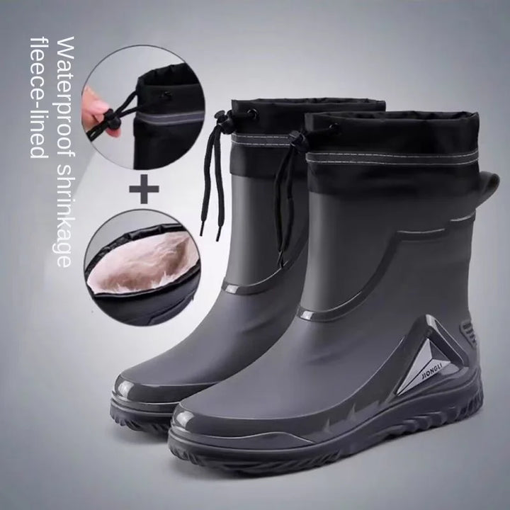 New ，Rain Boots Men's Waterproof Drawstring Rain ，Shoes Velvet Padded Suit， Warm Non-Slip Flat Fashion Take-out Rider Rain Boots