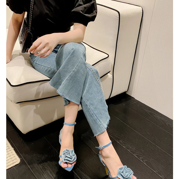 Aneikeh 2025 Fashion Denim Buckle Strap High Heels Women's Sexy Pointed Open Toe Crystal Flower Slim Heel Sandals Party Dress