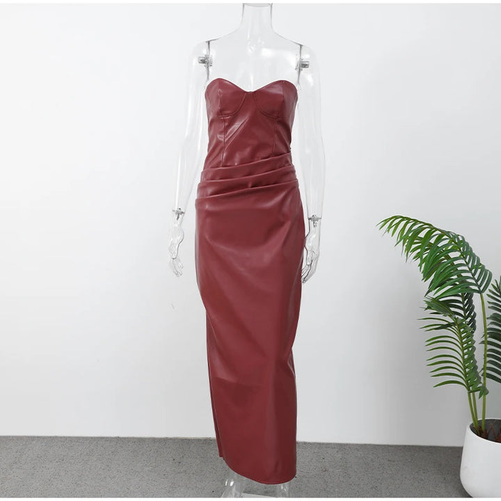 Sexy Woman Strapless Burgundy Slim Leather Long Dress Elegant Back Lace Up Side Slit Sleeveless Dresses 2025 Evening Party Robe