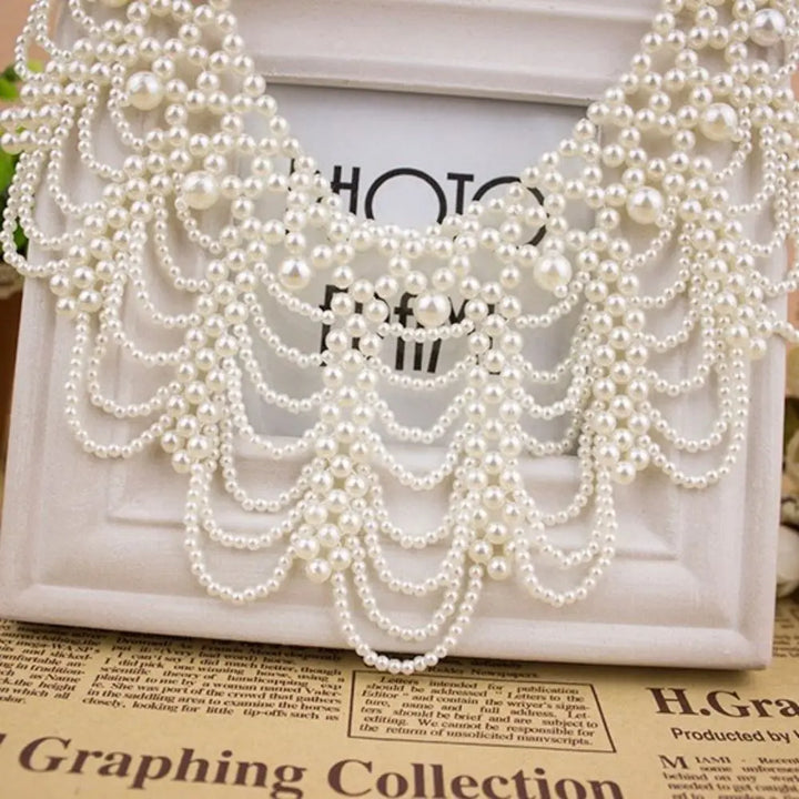 Pearl Beaded Lace Trim Collar Ribbons Women Necklace Jewelry for Clothes Wedding Dress