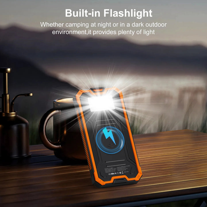 Mobile phone solar charger 20000mAh with 4 outputs, wireless charging emergency power supply, built-in LED light