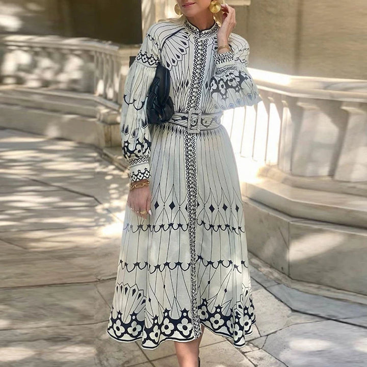 Retro Elegant Stand Collar Long Dress Women Spring Pattern Print Belted Buckle Party Dress Autumn Long Sleeve A-Line Boho Dress